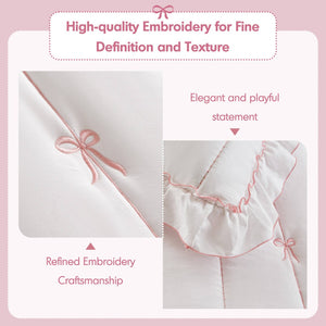 English Elm 3-piece Reversible Microfiber Quilt Set Bow Embroidery Ruffled Trim Romantic Bedroom Pink+White B035P482881