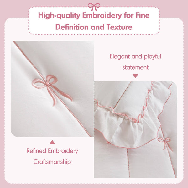 English Elm 3-piece Reversible Microfiber Quilt Set Bow Embroidery Ruffled Trim Romantic Bedroom Pink+White B035P482881
