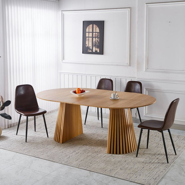 English Elm 1+4,5pieces Mid-century Dining Set Mdf Top Metal Pedestal Base Seats Six Modern Kitchen Brown W3766S00006