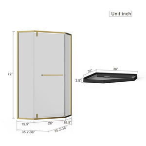 English Elm Goodyo Neo-angle Corner Shower Enclosure Gold Frame Tempered Glass with Black Base W1223S00043