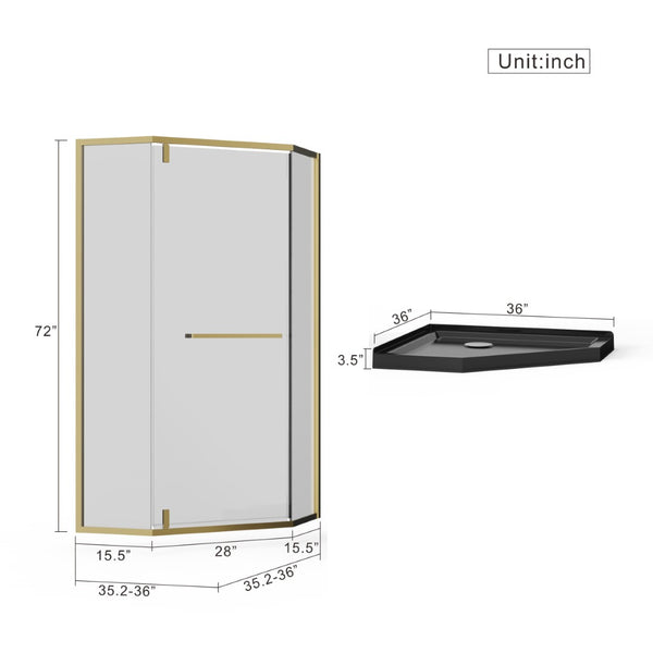English Elm Goodyo Neo-angle Corner Shower Enclosure Gold Frame Tempered Glass with Black Base W1223S00043