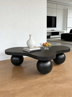 English Elm 46 Inch Cloud Shaped Coffee Table with Ash Veneer Top and Sculptural Sphere Legs Black W3935S00006