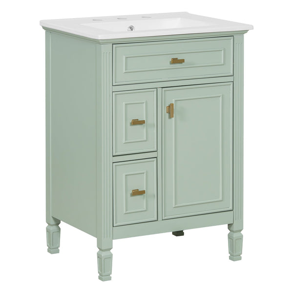 English Elm 24-Inch Bathroom Vanity with Sink, Solid Wood & MDF, Ceramic Top, Gold Handles, Flip Drawer Design Green N725P350824F