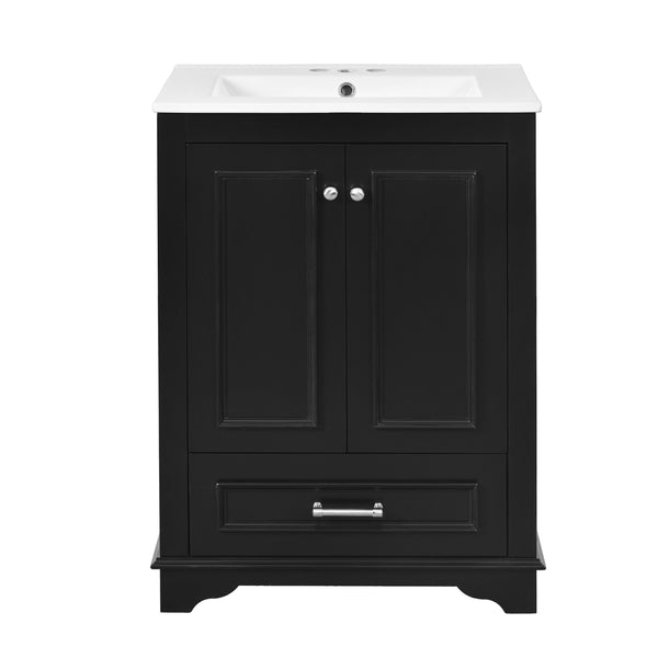 English Elm 24'' Bathroom Vanity with Ceramic Sink Combo Modern Freestanding MDF Cabinet with Soft-Close Doors and Sleek Silver Handles for Spacious Organized Bathroom Storage Black N710P194893B
