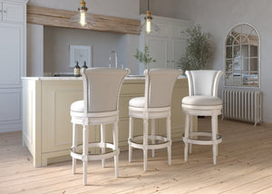 English Elm 26in. Wood High-back Swivel Barstool Farmhouse Style Nailhead Upholstered Kitchen Seat White B2751P436429