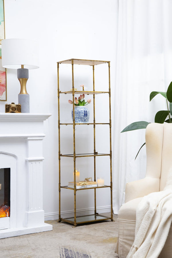 English Elm Antique Mirrored Six-Tier Shelving Unit with Iron Frame, Sleek Sparkle Display Shelf 73x24x7" W2078P370621
