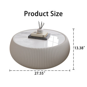 English Elm Light Marble Top Drum-Shaped Coffee Table: Chic Leather-Wrapped Design For Stylish Living Spaces W3081P367626