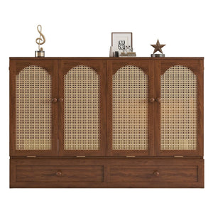 English Elm Queen Size Murphy Bed - Stylish Pine Wood Cabinet With Power Station & Rattan Panel For Space-Saving W504S00234-GIGA