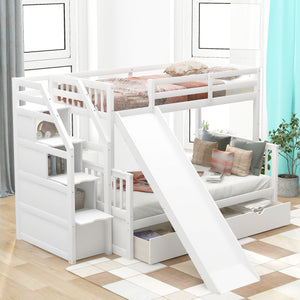 English Elm Twin Over Full Bunk Bed with Slide, Built-In Drawers and Ladder Storage, Sturdy Pine MDF Design White SM000109AAK-1