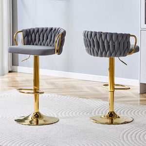 English Elm Set of 2 Velvet Swivel Barstools with Braided Rope Back and Adjustable Pedestal Base Gold,Gray W3875P383914