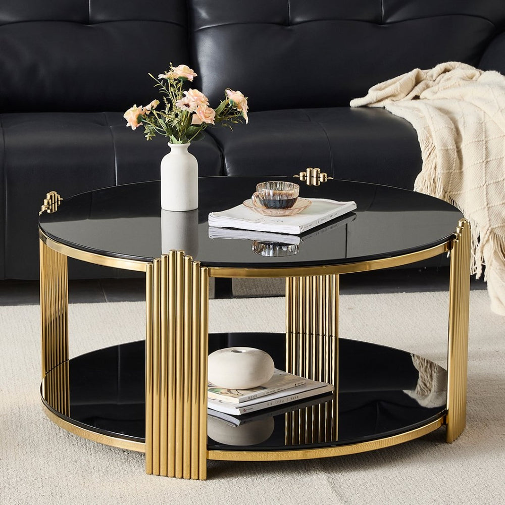 English Elm 35inch Round Coffee Table Dual Tier Tempered Glass Gold Steel Frame Living Room W3357P395503