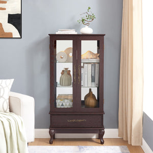 English Elm Curio Lighted Glass Display Cabinet with Adjustable Shelves, Vintage Drawer & Carved Metal Handle, Dark Finish Cherry W2275P199813