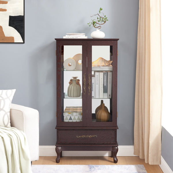 English Elm Curio Lighted Glass Display Cabinet with Adjustable Shelves, Vintage Drawer & Carved Metal Handle, Dark Finish Cherry W2275P199813
