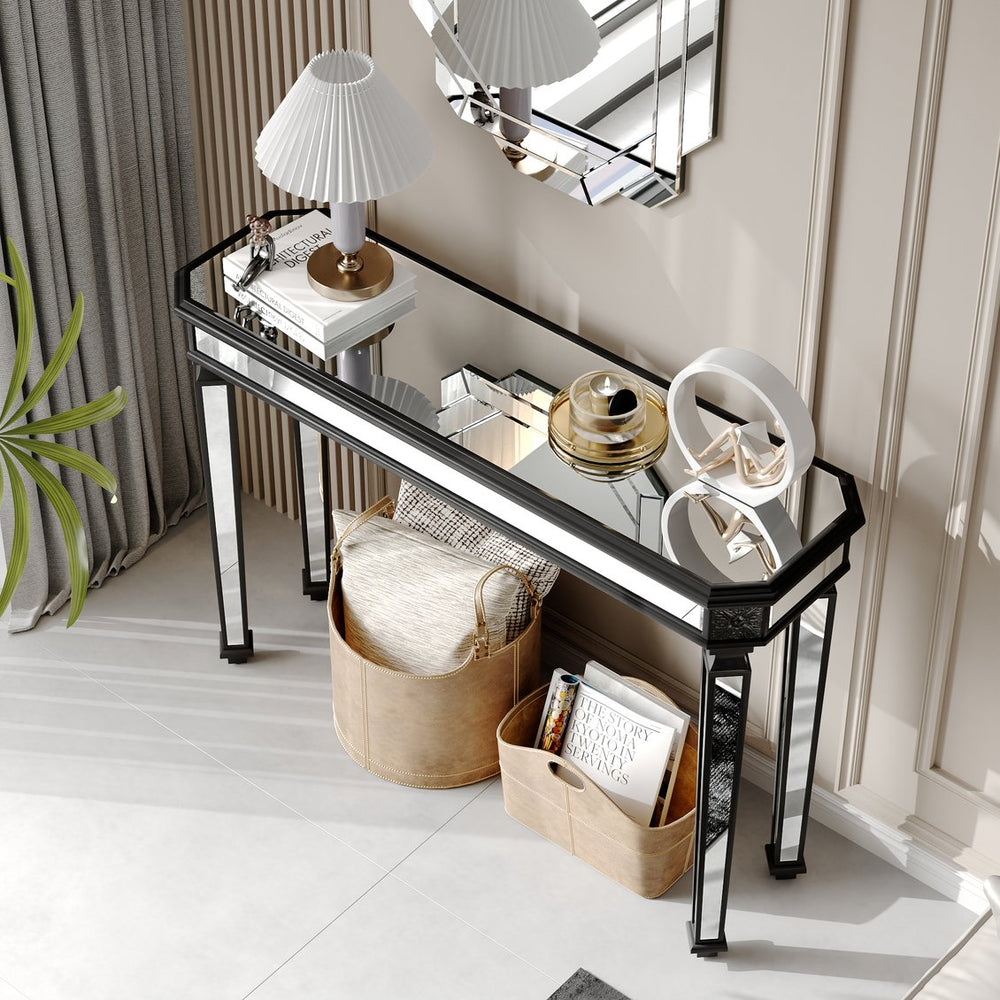 English Elm Black Mirror Console Table with Vintage Wood Carvings, Mirrored Finish, Elegant Entryway Focal Piece W1445P270519