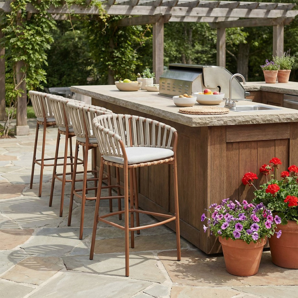 English Elm Lodi Outdoor Woven Pe Rope Barstools with Iron Frame Resort Style Set of 4 N775P268025T-S4