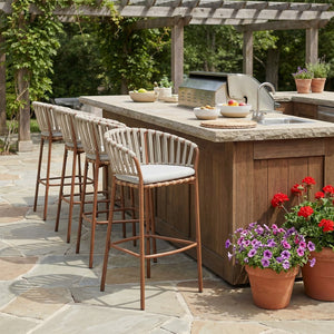 English Elm Lodi Outdoor Woven Pe Rope Barstools with Iron Frame Resort Style Set of 4 N775P268025T-S4