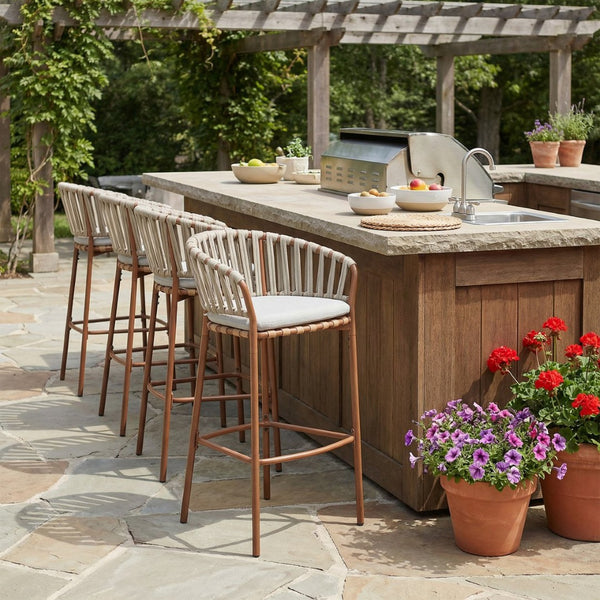 English Elm Lodi Outdoor Woven Pe Rope Barstools with Iron Frame Resort Style Set of 4 N775P268025T-S4