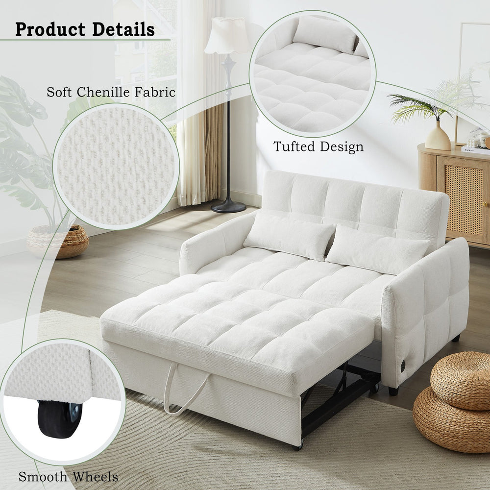 English Elm 52.8" Loveseat Sofa Pull-Out Bed with Adjustable Backrest, Tufted Chenille, 3 USB Ports & Pillows Beige N719S001710A