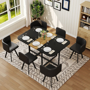 English Elm 7 Piece Industrial Dining Set with Faux Leather Chairs and Wood Grain Metal Frame Table W3875S00099