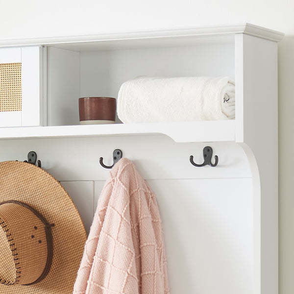 English Elm Clothes Hall Tree Storage Bench with Adjustable Shelves, Sliding Doors, Solid Poplar Feet & Shoe Bench White W2275P210040