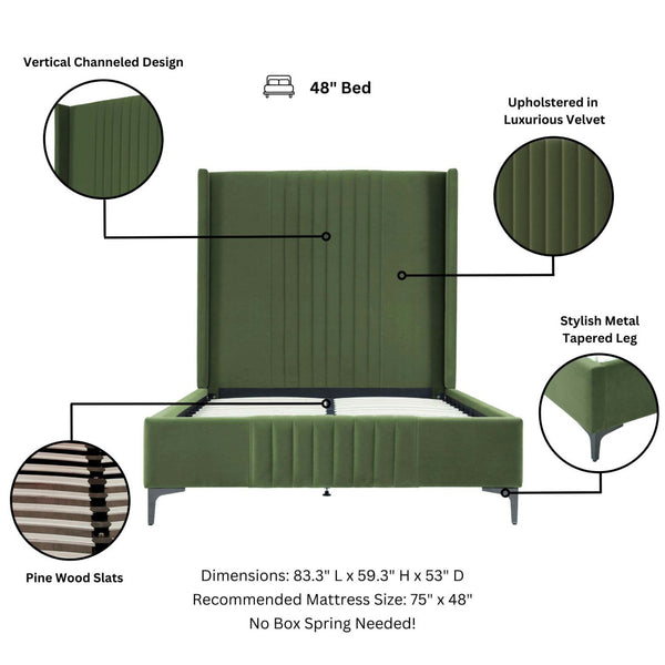 English Elm 48" Full Velvet Upholstered Bed Channel Tufted Headboard Mid-century Modern Bedroom Green B365S00157
