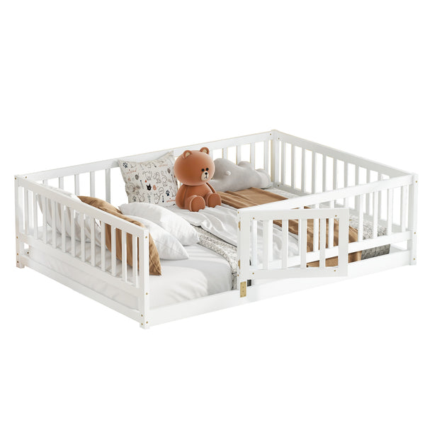 English Elm Full Size Pine Montessori Floor Bed with Fence & Removable Door, Sturdy Kids Bed White Playhouse W1820P349301