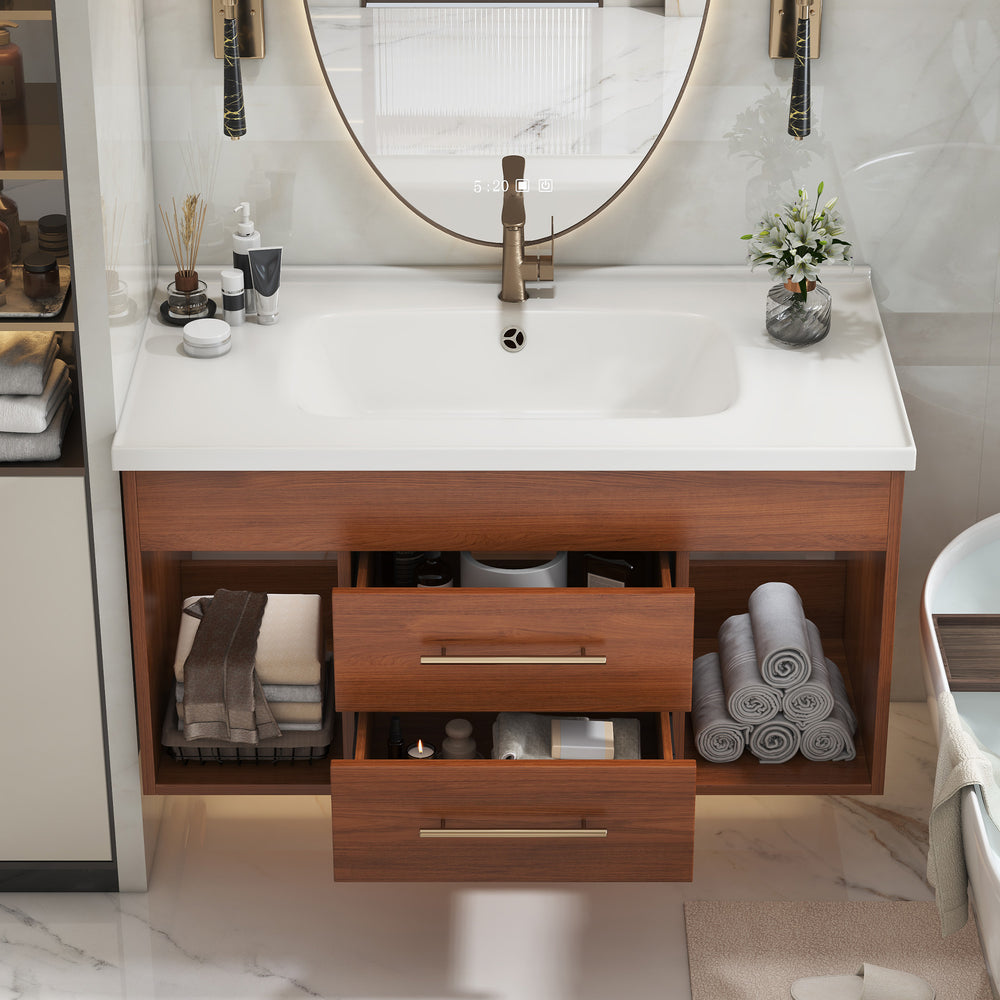 English Elm 35.4" Modern Bathroom Vanity with Integrated Ceramic Sink, Moisture-Resistant Wood, Soft-Close Drawers & Open Shelves, Oil Rubbed Bronze Handles, Sleek Design W3136S00026
