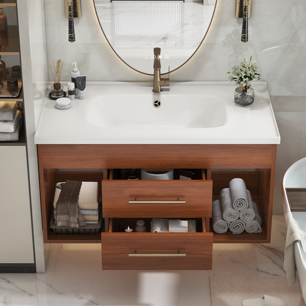 English Elm 35.4" Modern Bathroom Vanity with Integrated Ceramic Sink, Moisture-Resistant Wood, Soft-Close Drawers & Open Shelves, Oil Rubbed Bronze Handles, Sleek Design W3136S00026