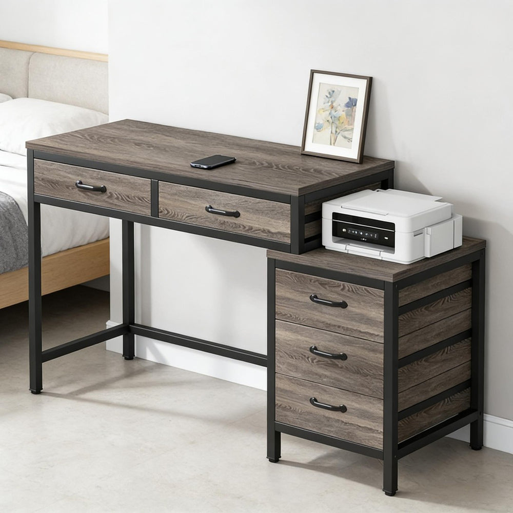 English Elm Office Writing Desk with 5 Drawers Industrial Wood and Black Metal Frame T3971P450665