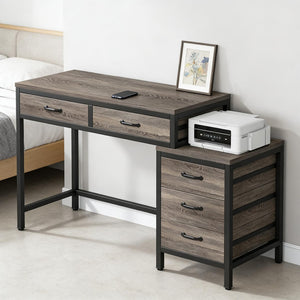 English Elm Office Writing Desk with 5 Drawers Industrial Wood and Black Metal Frame T3971P450665