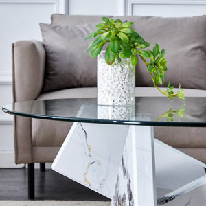English Elm Round Tempered Glass Coffee Table with Sculptural Mdf Base for Modern Living Rooms White W1151P180316
