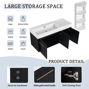 English Elm 48 Inch Wall-Mounted Bathroom Vanity Set With Left Basin Sink, Storage Rack & Soft-Close Hinges W999S00371