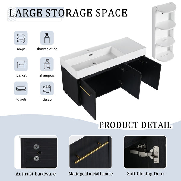 English Elm 48 Inch Wall-Mounted Bathroom Vanity Set With Left Basin Sink, Storage Rack & Soft-Close Hinges W999S00371
