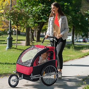English Elm Aosom Three-wheel Kids Bike Trailer Dual Seat Foldable Cart with Safety Harness W2225P229356