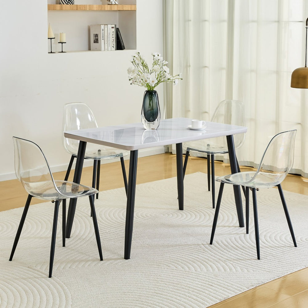 English Elm Table and Chair Set Marble Glass Top Dining with Clear Acrylic Seats Modern 5 Piece W1151S04632