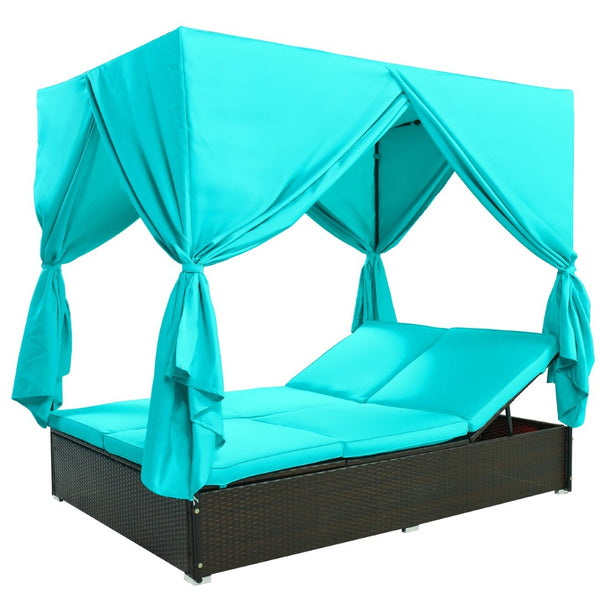 English Elm U_style Outdoor Double Daybed Resort Canopy Lounge with Steel Frame and Adjustable Backrests Blue WY000476AAC