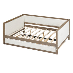 English Elm Full Upholstered Daybed with Trundle, Nailhead Trim, Solid Wood & Linen, Space-Saving 600lbs Capacity DL000588AAD