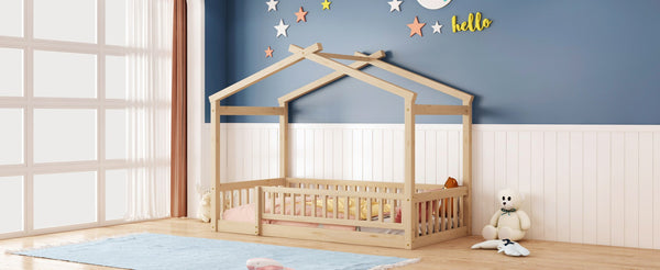English Elm Twin Solid Pine House Bed Playhouse Frame with Fence Rail for Kids Rooms WF302176AAN