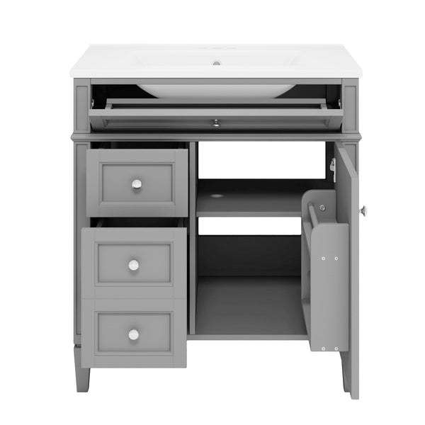 English Elm 30'' Modern Bathroom Vanity with Integrated Mirror Cabinet, Ceramic Sink, 3 Drawers & Ample Storage Grey SW000126AAE-1