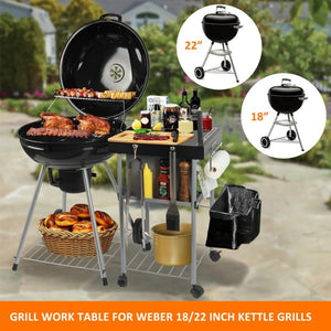 English Elm Rolling Outdoor Grill Cart with Three Shelves Powder Coated Steel Weber Kettle Compatible W2181P481702