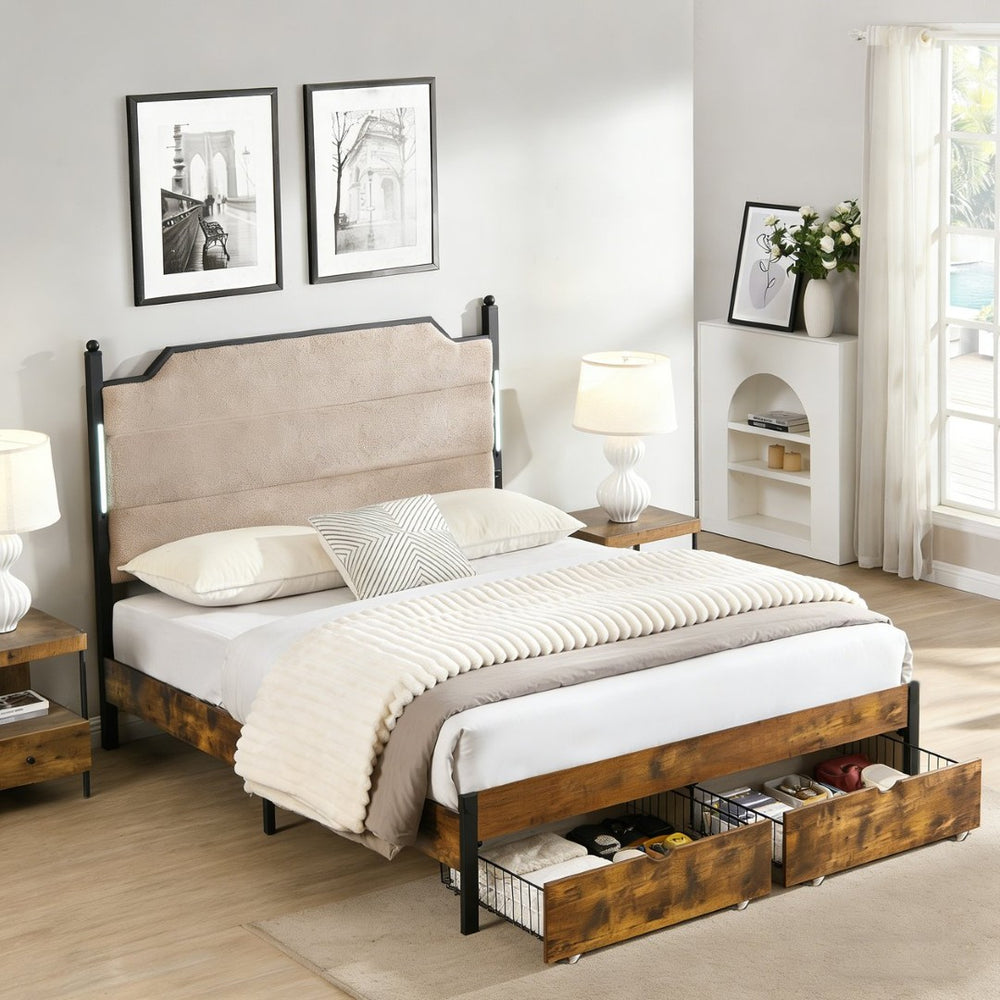 English Elm Queen Upholstered Storage Bed Lamb Fleece Headboard Led Lighting Two Drawers Included W311S00066