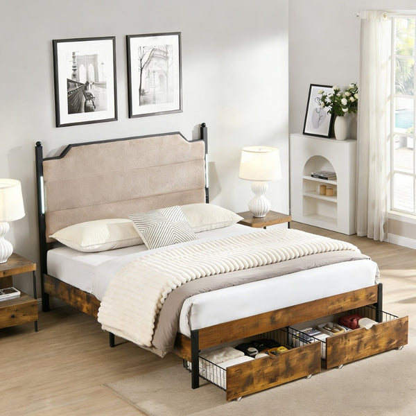 English Elm Queen Upholstered Storage Bed Lamb Fleece Headboard Led Lighting Two Drawers Included W311S00066