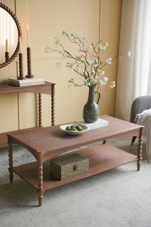 English Elm 47x22x18.5" Rustic Wood Coffee Table with Spiral Turned Legs and Open Storage Shelf W2078P460492