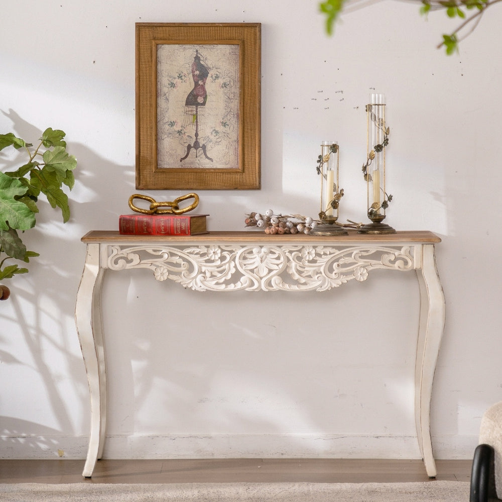 English Elm Antique White Console Table with Floral Carvings, Distressed Vintage French Country Entry Table W3158P345752