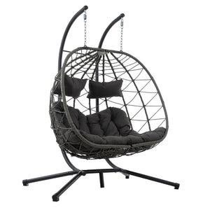 English Elm 2 Person Wicker Hanging Egg Chair with Freestanding Stand Outdoor Patio Swing Seat Gray W1703P444363