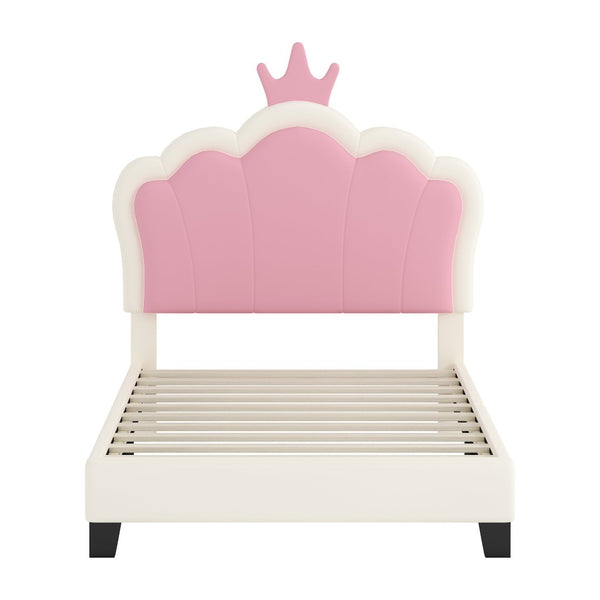 English Elm Twin Platform Bed Upholstered Crown Headboard Storybook Style for Girls Bedroom Cream N733P180807K