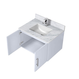 English Elm Glossy White Bath Vanity 30" W x 22" D with Carrara Marble Top, Soft-Close Storage & Chrome Faucet Set B2731P258590