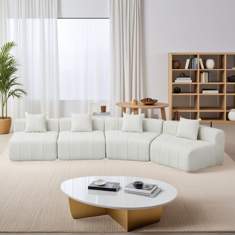 English Elm Chenille Modular Curved Sectional Sofa with Sculptural Piano Key Design and Four Throw Pillows Beige W834S00584