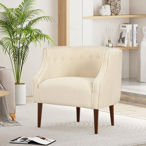 English Elm Christopher Knight Home® - Modern Club Chair Beige Upholstered Tub with Button-Tufted Back, Tonal Piping & Birch Legs — Mid-Century Accent Elegance (30" L x 27" W x 22" H) N767P266718B