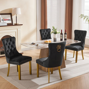 English Elm Mid-Century Tufted Velvet Dining Chair with Lion Head Ring, Nailhead Trim, Solid Wood Legs Black W1143P193168